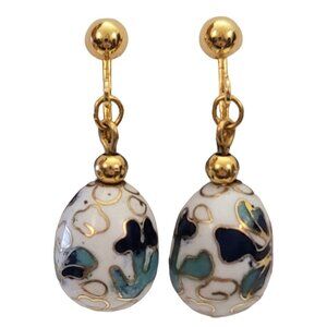 Vintage Gold Tone Blue White Cloisonné Egg Dangle Clip-On Earrings E847